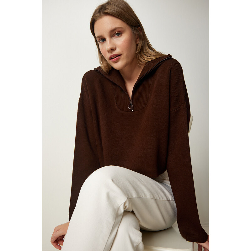 Happiness İstanbul Women's Brown Zipper Collar Knitwear Sweater