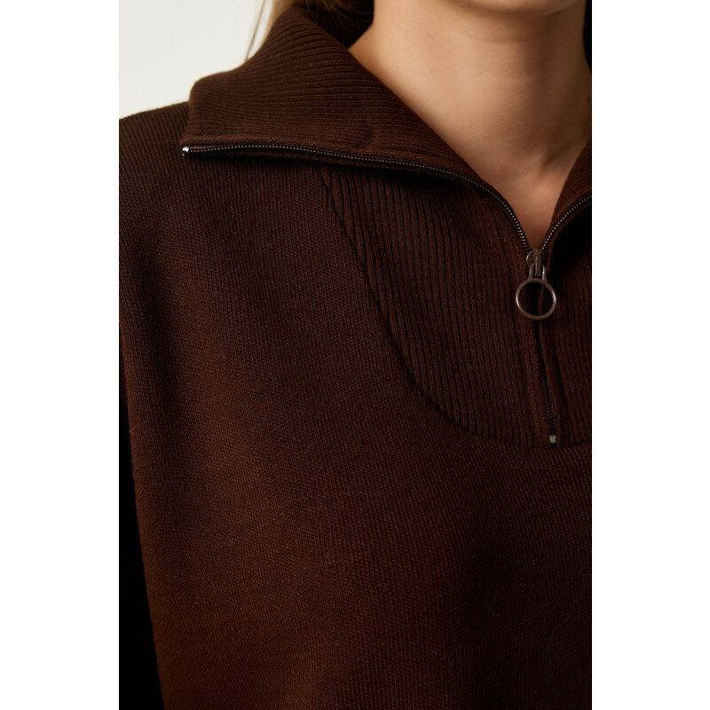 Happiness İstanbul Women's Brown Zipper Collar Knitwear Sweater