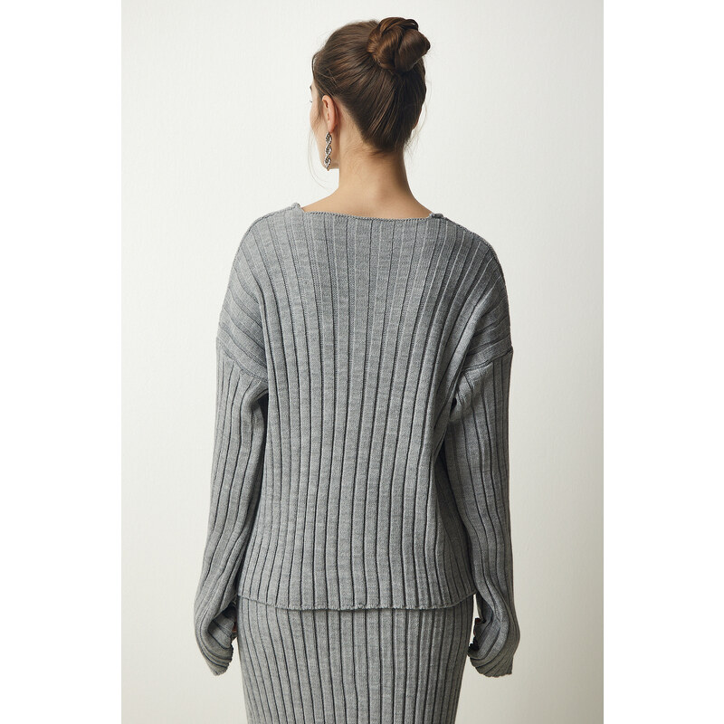 Happiness İstanbul Women's Gray Ribbed Sweater Skirt Knitwear Suit