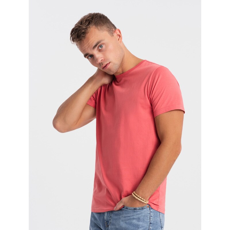 Ombre Clothing BASIC pánské klasické bavlněné tričko - růžové V11 OM-TSBS-0146