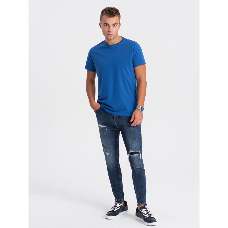 Ombre Clothing Pánské klasické bavlněné tričko BASIC - modré V8 OM-TSBS-0146