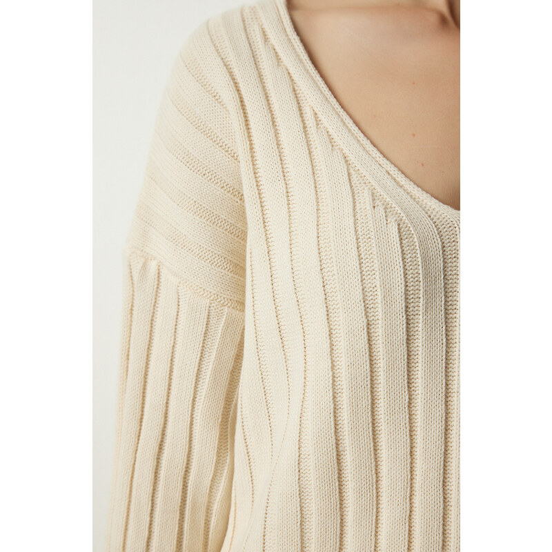 Happiness İstanbul Women's Cream Ribbed Sweater Skirt Knitwear Suit