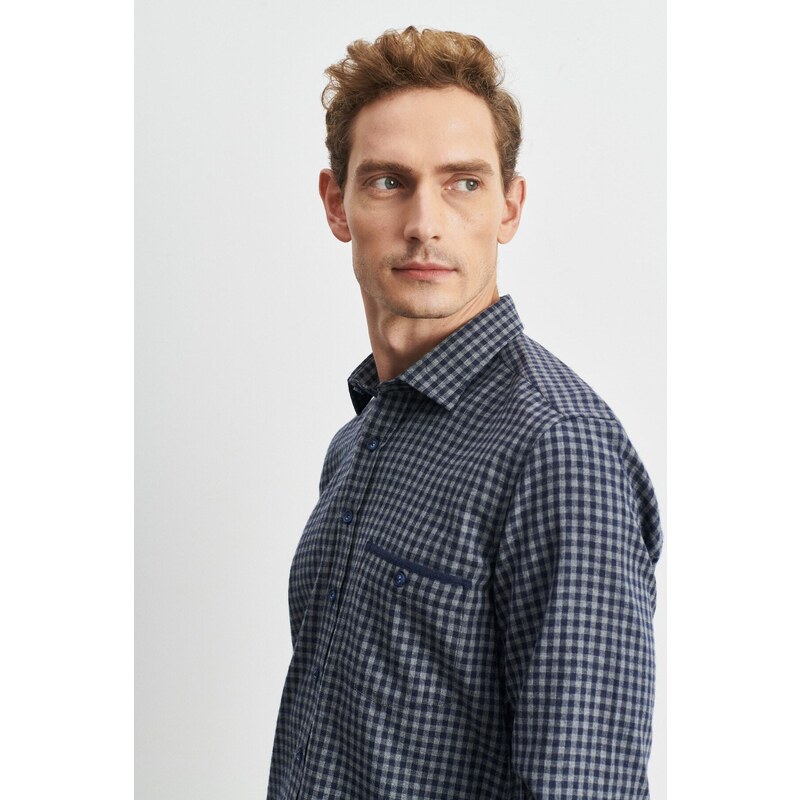 ALTINYILDIZ CLASSICS Men's Navy Blue-gray Slim Fit Buttoned Collar Gingham Flannel Lumberjack Shirt