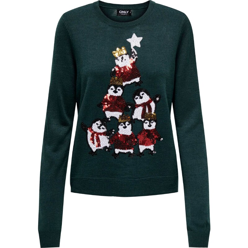 ONLY Svetr ONLXmas Penguin Tree tmavě zelená / krvavě červená / černá 98153767