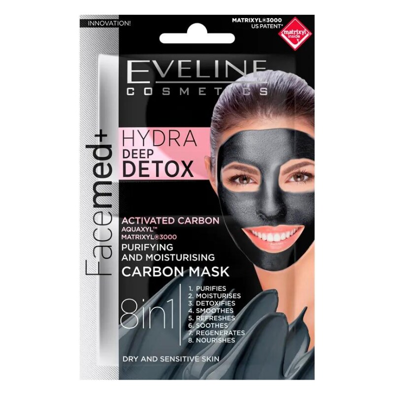 EVELINE COSMETICS - FACEMED+ HYDRA DEEP DEDOX - Čistící a hydratační pleťová maska s aktivním uhlím 2x5 ml