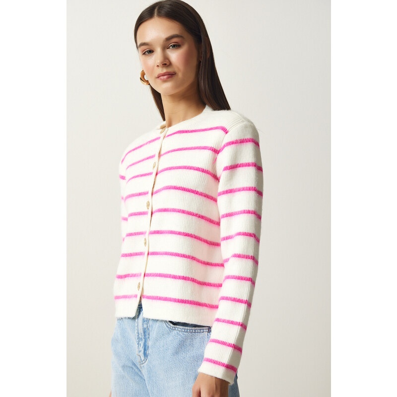 Happiness İstanbul Women's Bone Pink Stylish Buttoned Striped Knitwear Cardigan