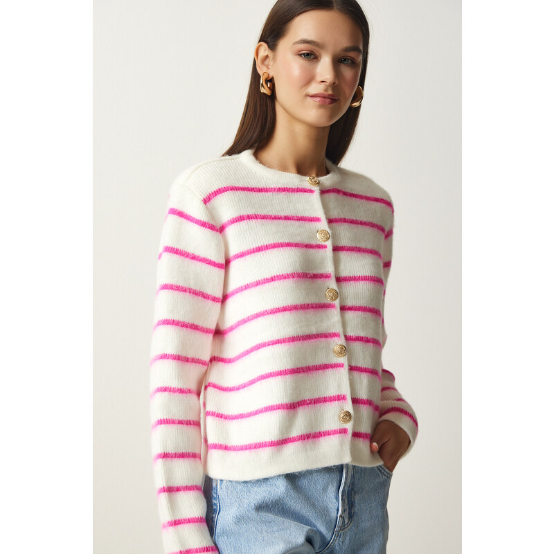 Happiness İstanbul Women's Bone Pink Stylish Buttoned Striped Knitwear Cardigan