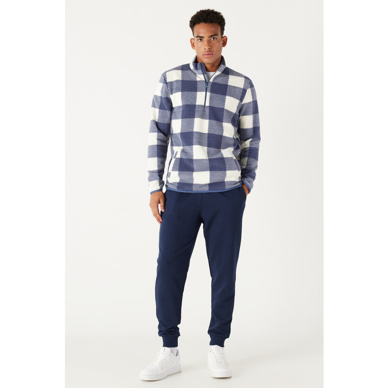 AC&Co / Altınyıldız Classics Men's Ecru Indigo Standard Fit Normal Cut Stand-Up Bato Collar Fleece Sweatshirt