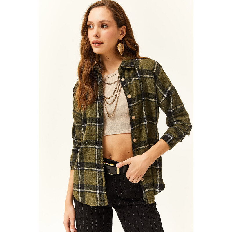 Olalook Women's Khaki Plaid Lumberjack Shirt