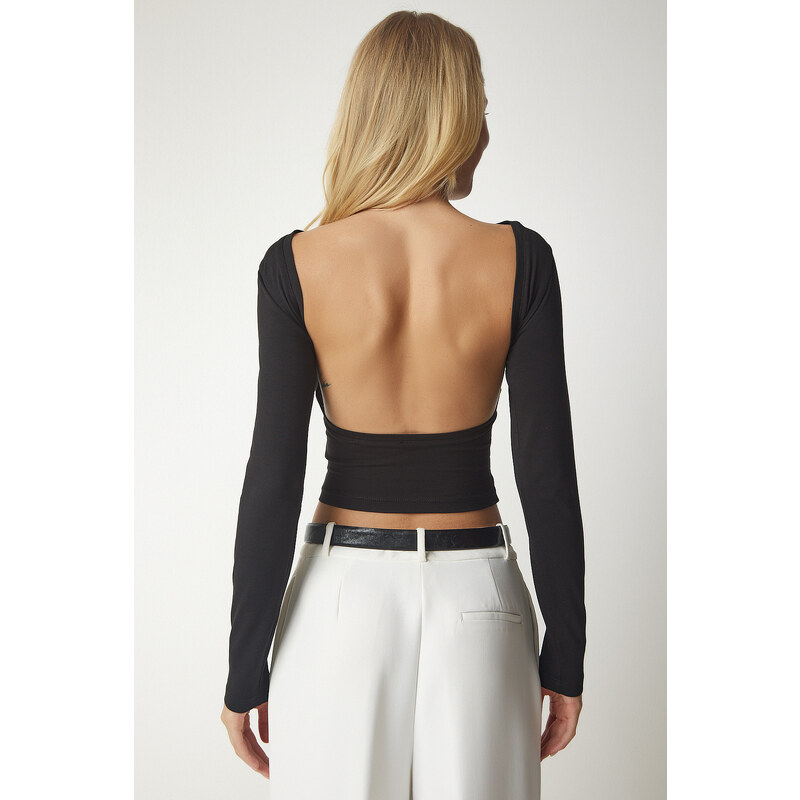 Happiness İstanbul Women's Black Open Back Knitted Crop Blouse