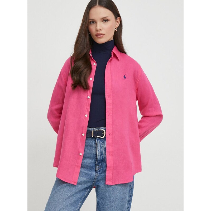 Lněná košile Polo Ralph Lauren růžová barva, regular, s klasickým límcem
