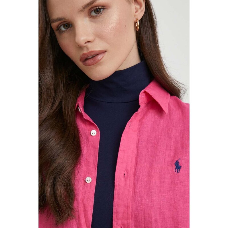 Lněná košile Polo Ralph Lauren růžová barva, regular, s klasickým límcem