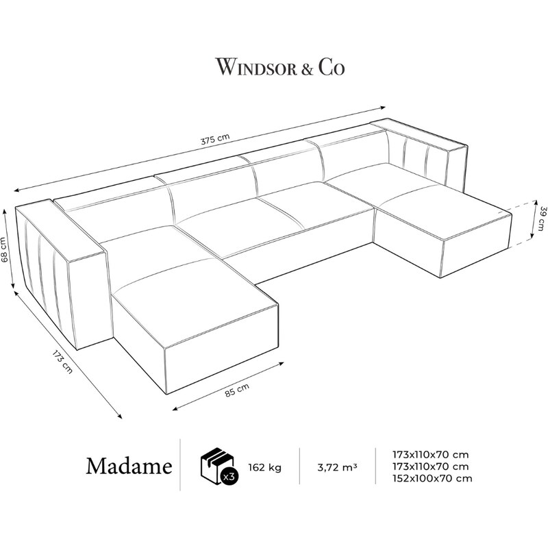 Tmavě hnědá kožená rohová pohovka do "U" Windsor & Co Madame 375 cm