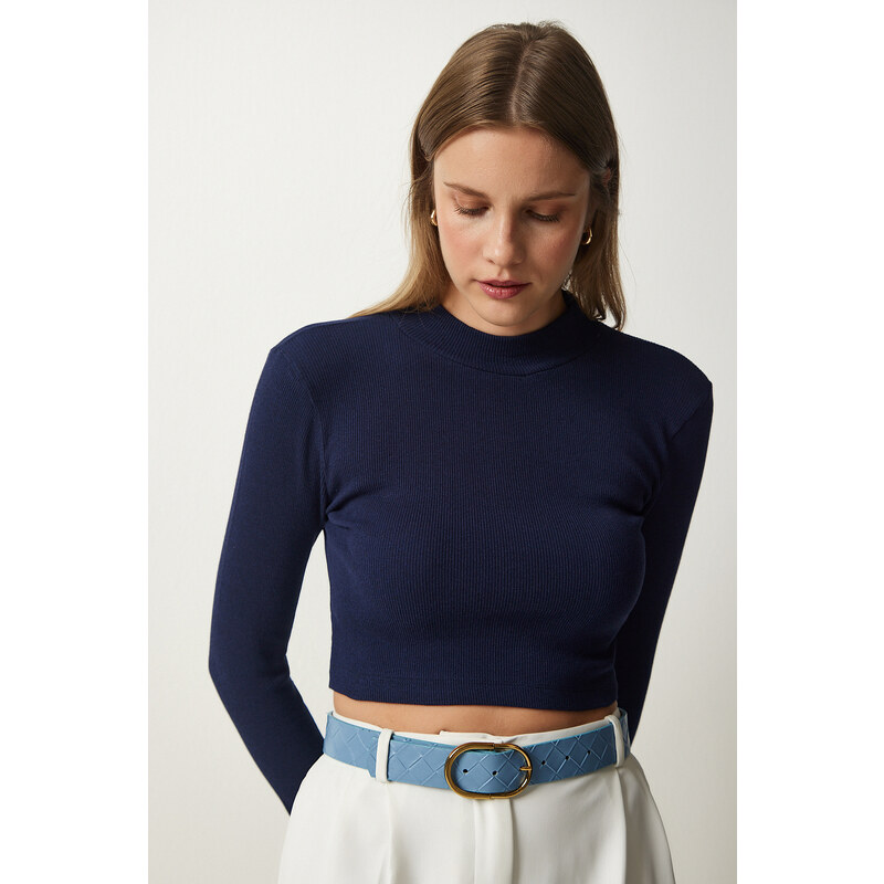 Happiness İstanbul Women's Navy Blue Corded Turtleneck Crop Knitted Blouse