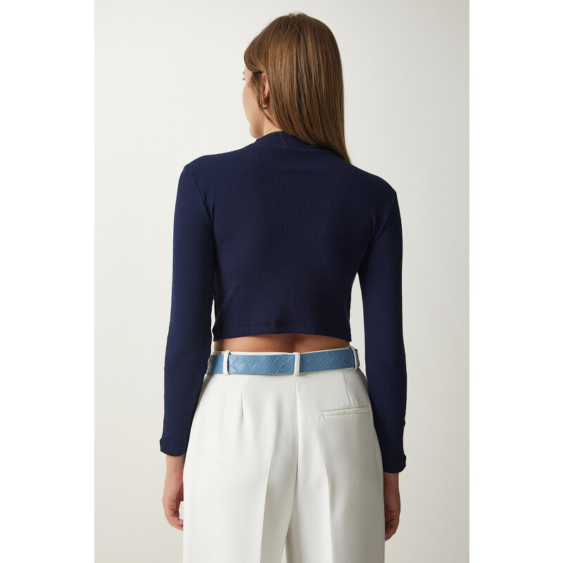 Happiness İstanbul Women's Navy Blue Corded Turtleneck Crop Knitted Blouse