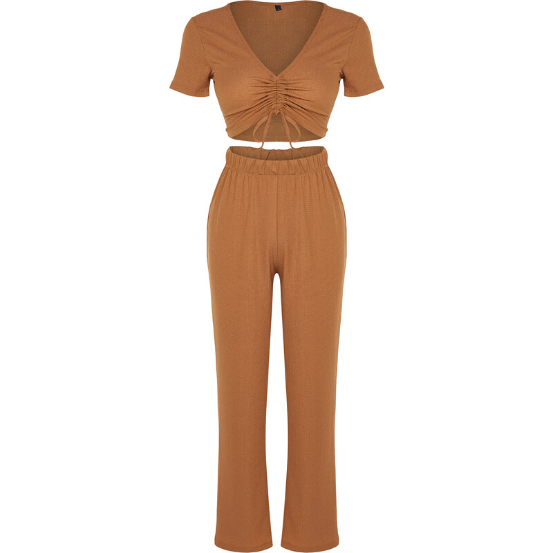 Trendyol Dark Beige Gathered Detailed Cress Tshirt-Pants Knitted Pajamas Set