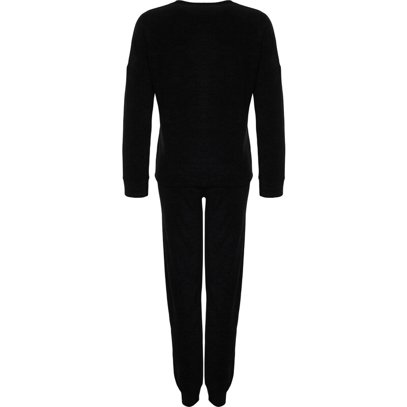 Trendyol Black Velvet Tshirt-Jogger Knitted Pajamas Set