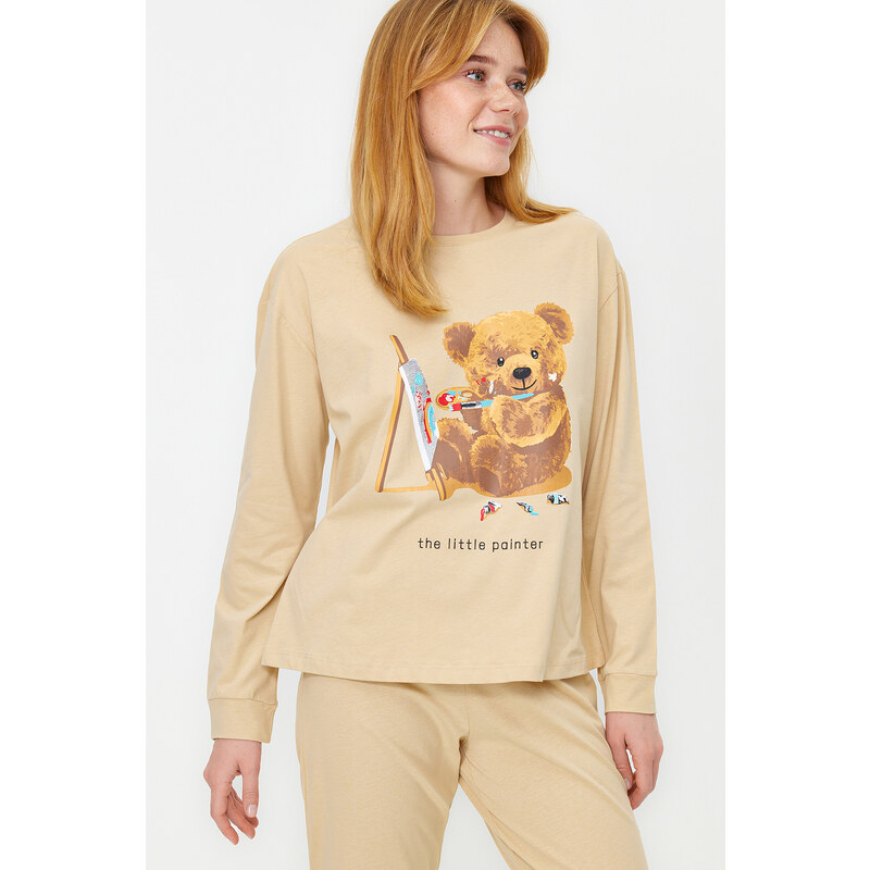 Trendyol Beige 100% Cotton Teddy Bear Printed Tshirt-Jogger Knitted Pajama Set