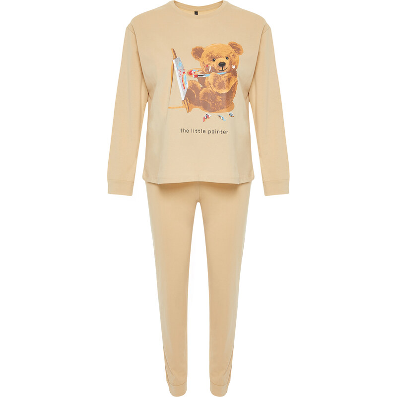 Trendyol Beige 100% Cotton Teddy Bear Printed Tshirt-Jogger Knitted Pajama Set