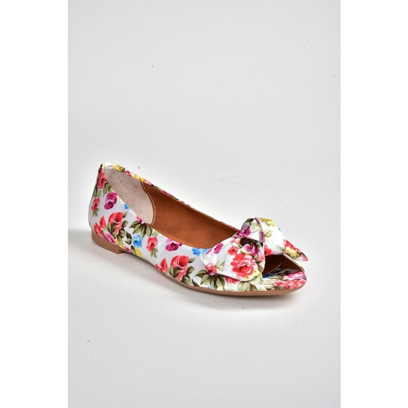 Fox Shoes White/red Linen Women's Flats with Floral Print