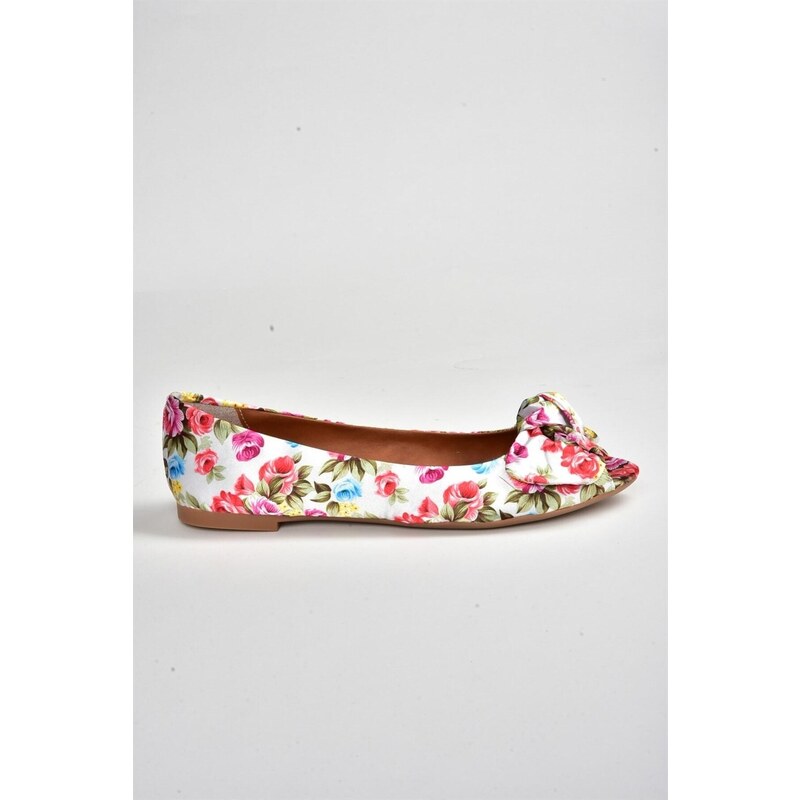 Fox Shoes White/red Linen Women's Flats with Floral Print