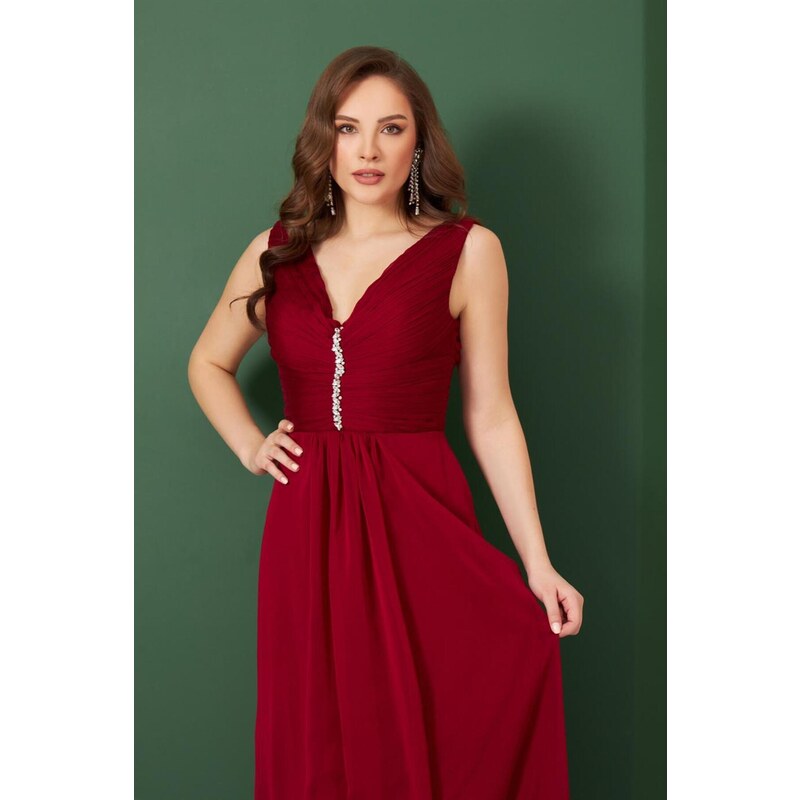 Carmen Claret Red Chiffon Long Evening Dress And Invitation Dress With Stones.