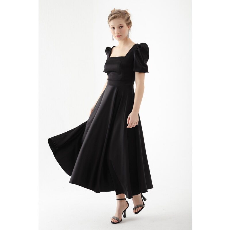 Lafaba Women's Black Square Neck Balloon Sleeve Midi Evening Dress