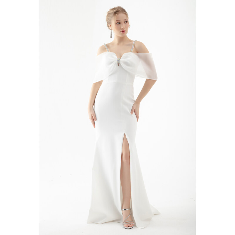Lafaba Women's White Stone Strap Long Fishtail Evening Dress