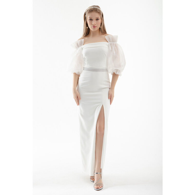 Lafaba Women's White Balloon Sleeve and Stone Belted Long Evening Dress
