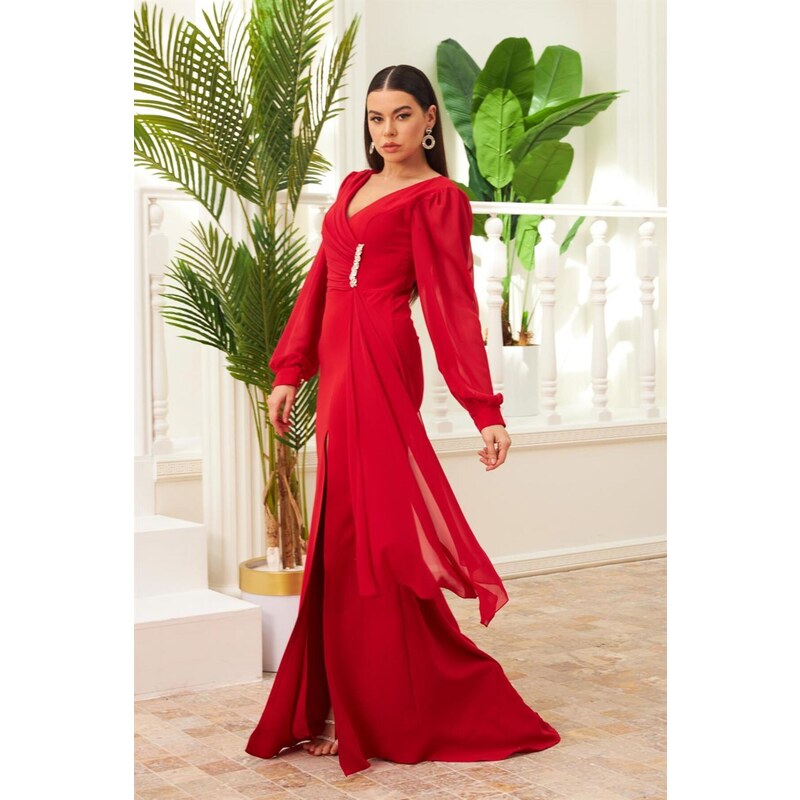 Carmen Red Chiffon Long Evening Dress with Buckle Detail