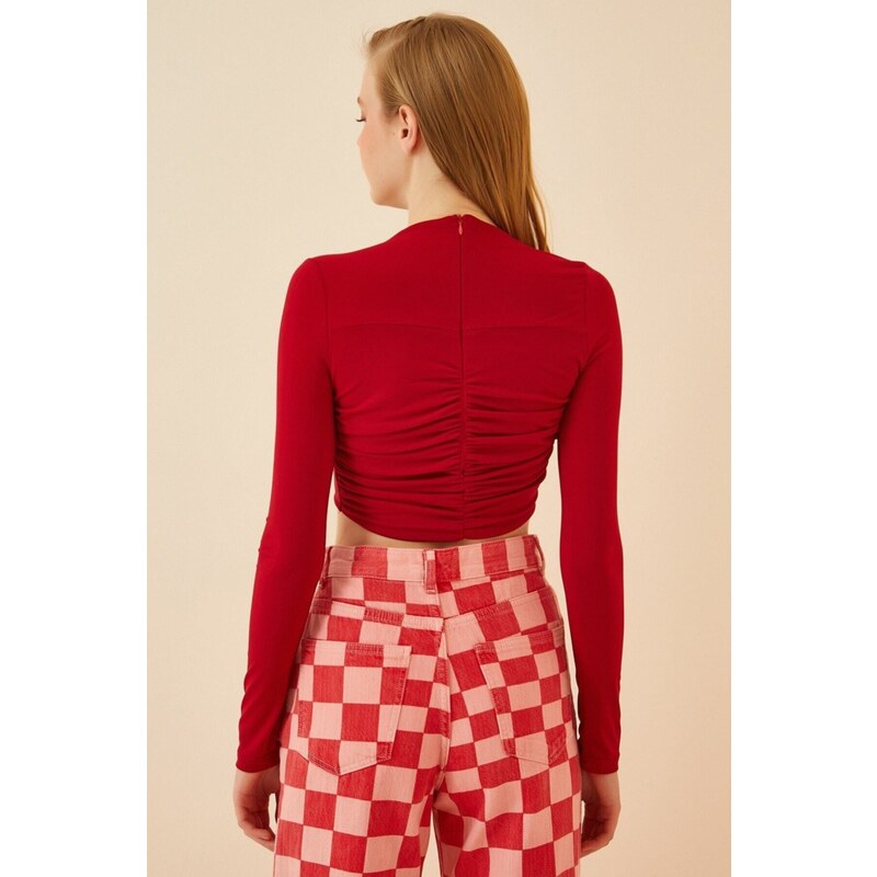 Happiness İstanbul Women's Vivid Red Pleated Crop Knitted Blouse