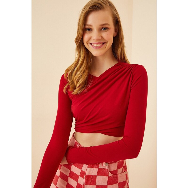 Happiness İstanbul Women's Vivid Red Pleated Crop Knitted Blouse