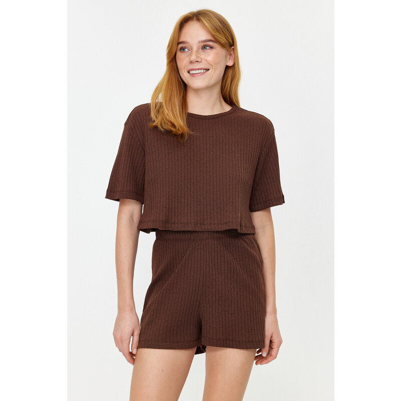Trendyol Brown Corded Cotton Tshirt-Shorts Knitted Pajama Set