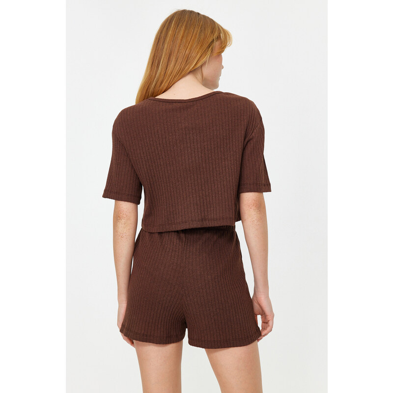 Trendyol Brown Corded Cotton Tshirt-Shorts Knitted Pajama Set