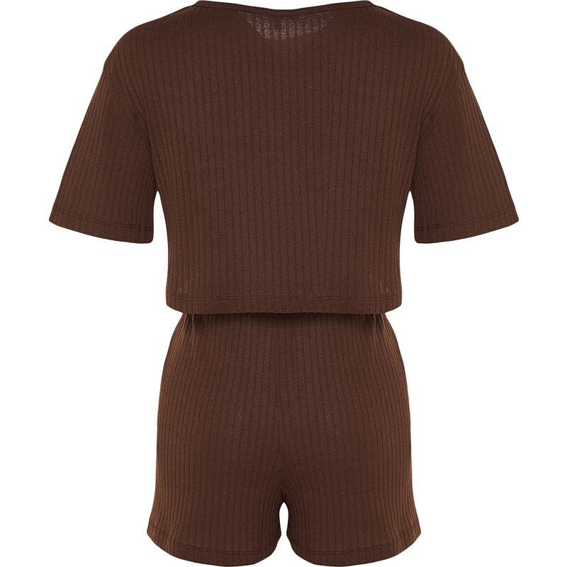 Trendyol Brown Corded Cotton Tshirt-Shorts Knitted Pajama Set