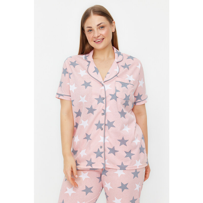 Trendyol Curve Powder Star Pattern Shirt Collar Knitted Pajamas Set