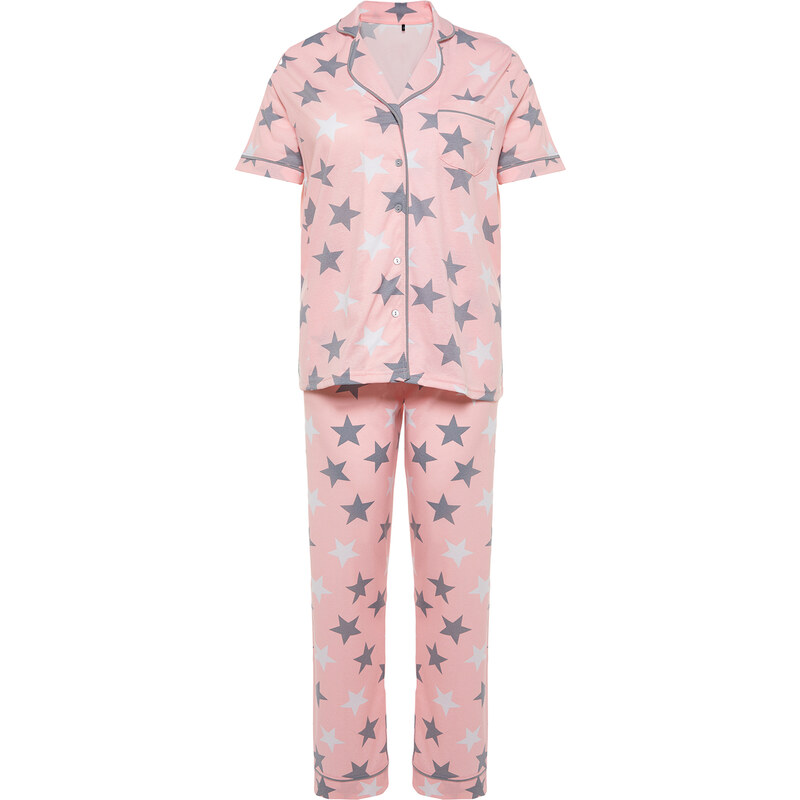 Trendyol Curve Powder Star Pattern Shirt Collar Knitted Pajamas Set