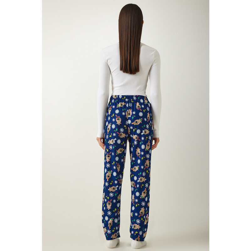 Happiness İstanbul Women's Blue Patterned Soft Textured Knitted Pajama Bottoms