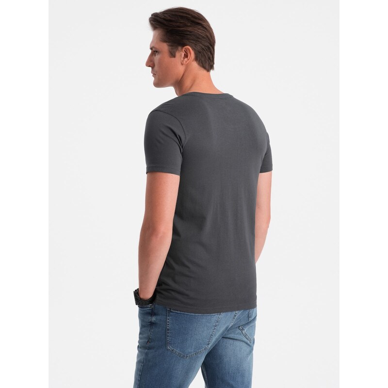 Ombre Clothing Pánské klasické bavlněné tričko BASIC s výstřihem do V - grafit V3 OM-TSBS-0145
