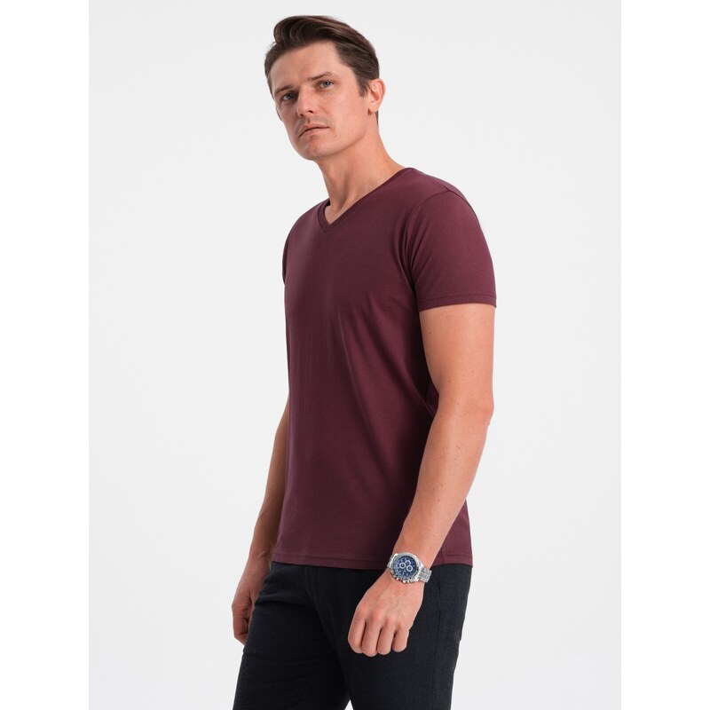 Ombre Clothing Pánské klasické bavlněné tričko BASIC s výstřihem do V - kaštanová V9 OM-TSBS-0145