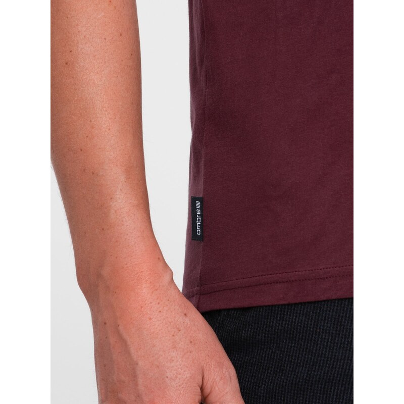 Ombre Clothing Pánské klasické bavlněné tričko BASIC s výstřihem do V - kaštanová V9 OM-TSBS-0145