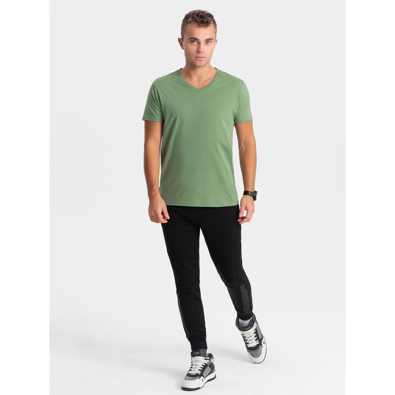 Ombre Clothing Pánské klasické bavlněné tričko BASIC s výstřihem do V - zelená V10 OM-TSBS-0145