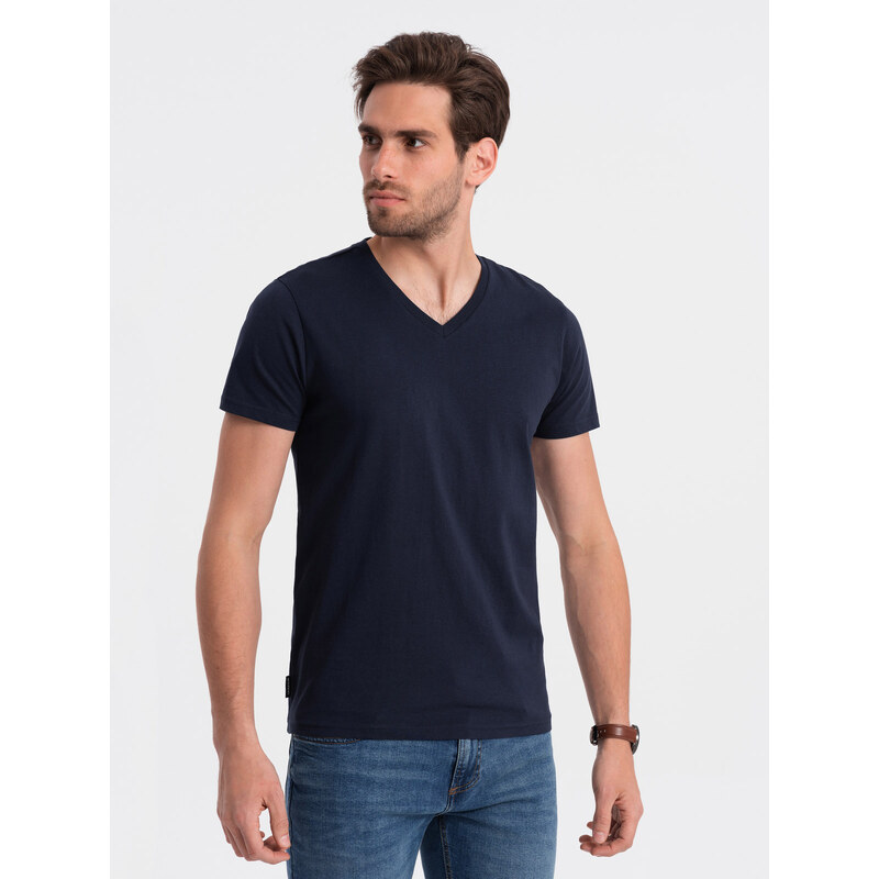 Ombre Clothing Pánské klasické bavlněné tričko BASIC s výstřihem do V - tmavě modrá V2 OM-TSBS-0145