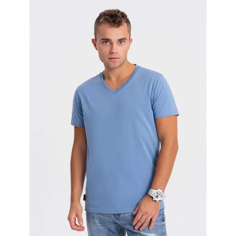 Ombre Clothing Pánské klasické bavlněné tričko BASIC s výstřihem do V - modrá V5 OM-TSBS-0145