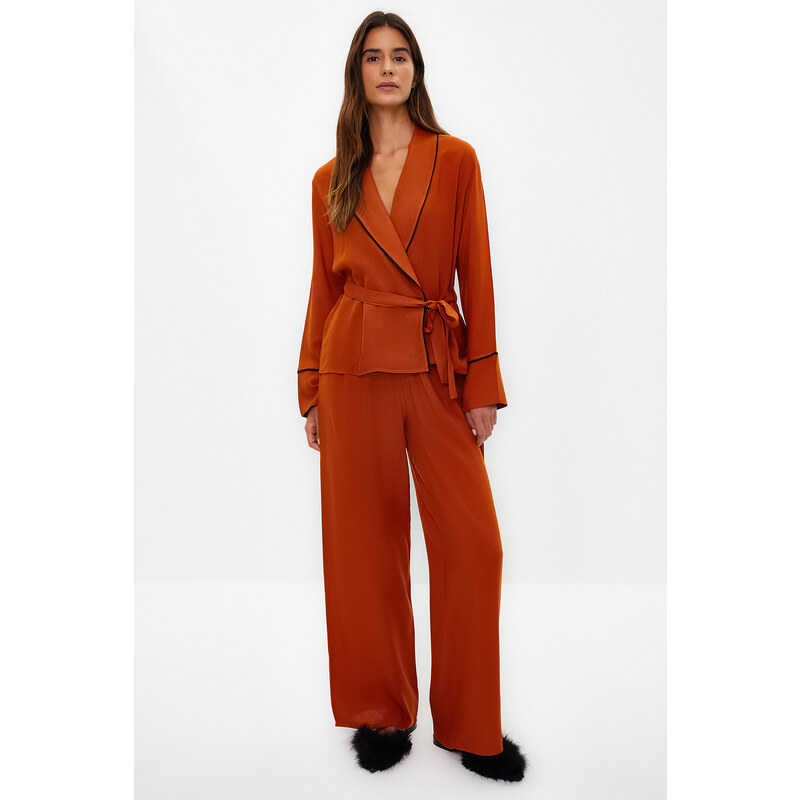 Trendyol Cinnamon Piping Detailed Double Breasted Shirt-Pants Woven Pajama Set