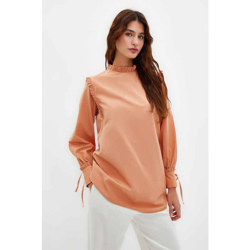 Trendyol Camel Shoulder and Cuff Frilly Woven Cotton Tunic