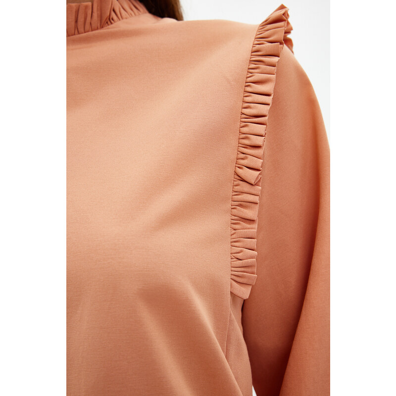 Trendyol Camel Shoulder and Cuff Frilly Woven Cotton Tunic