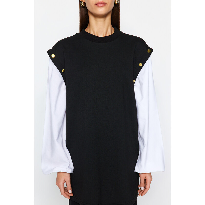 Trendyol Black Button Detailed Shirt Sleeve Knitted Tunic