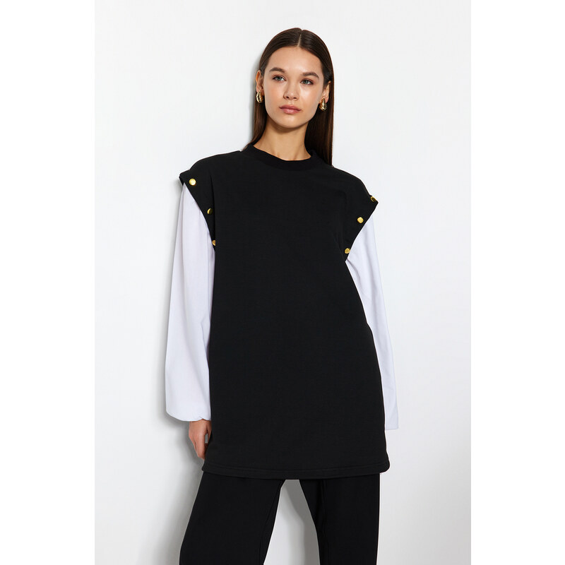 Trendyol Black Button Detailed Shirt Sleeve Knitted Tunic