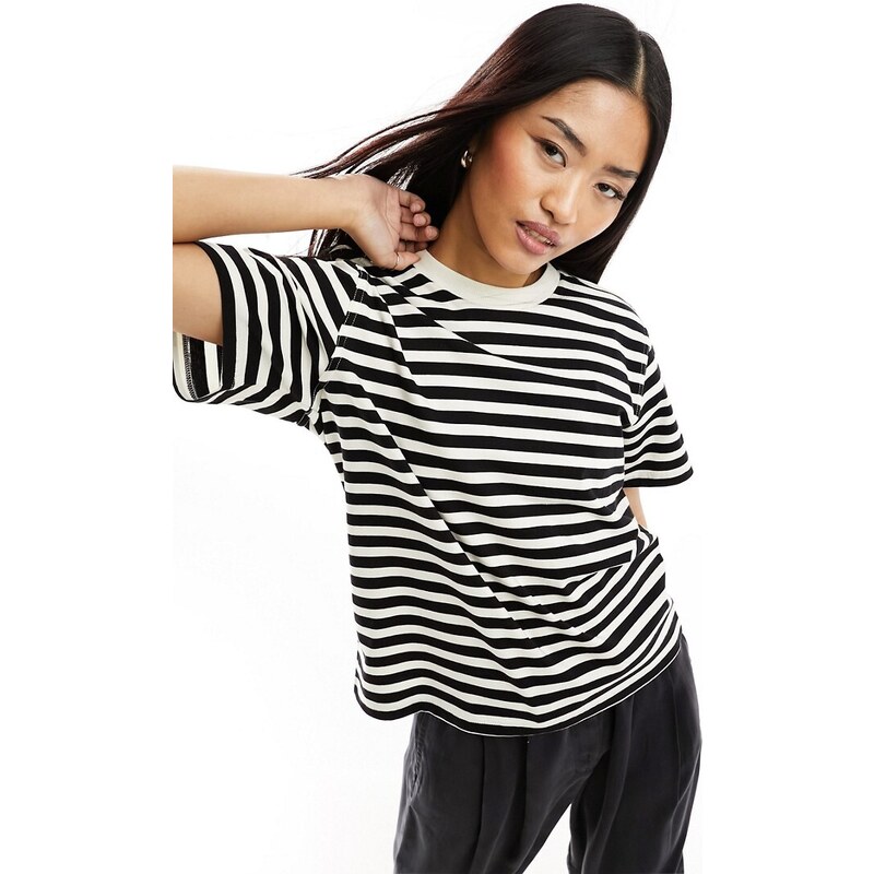 ONLY contrast neck t-shirt in black & cream stripe-White